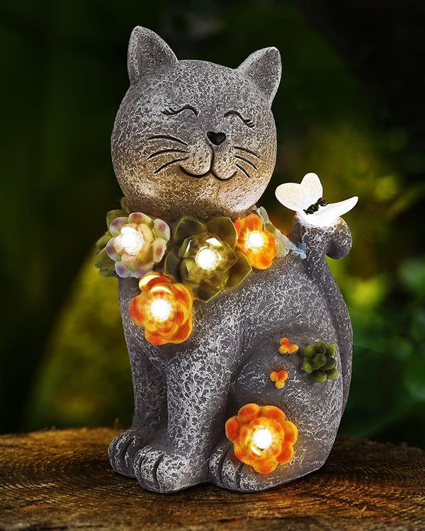Solar Garden Statues Outdoor Decor, 6 LED Cat Flowers Butterfly Figurine Lights, Waterproof for Balcony Patio Porch | Lumora