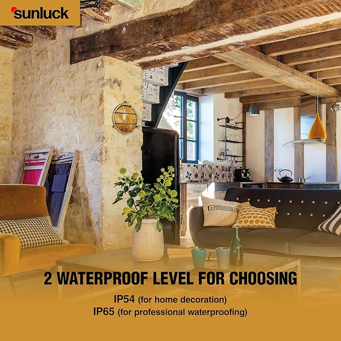 Sunluck Brass Bulkhead Light Grid Round Nautical Wall Lampshade,Ceiling Mount,Sauna Light Waterproof IP54,Rust | Lumora