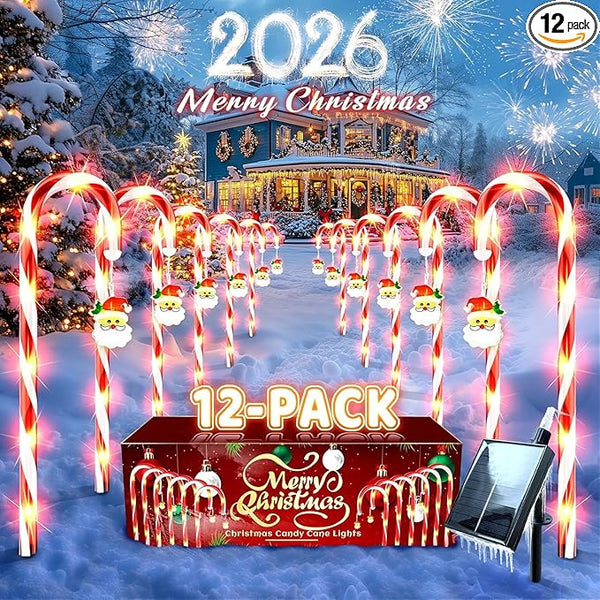 Solar Christmas Decorations Outdoor: 12 Pack 8 Blinking Models Waterproof Red Candy Cane Lights - 21" Santa Claus | Lumora