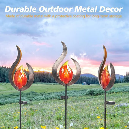 Asense Outdoor Metal Sculpture Art Decor Garden Solar Lights Pathway Stake, Solar Powered LED Lights for Lawn Patio Courtyard, Flame Shape