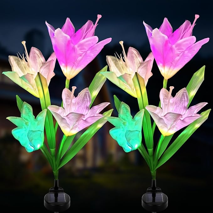 Solar Powered Lily Flower Lights Outdoor, Waterproof Color Changing Garden Lights with Large Solar Panel, 2 Pack for Patio, Yard, Pathway Decoration