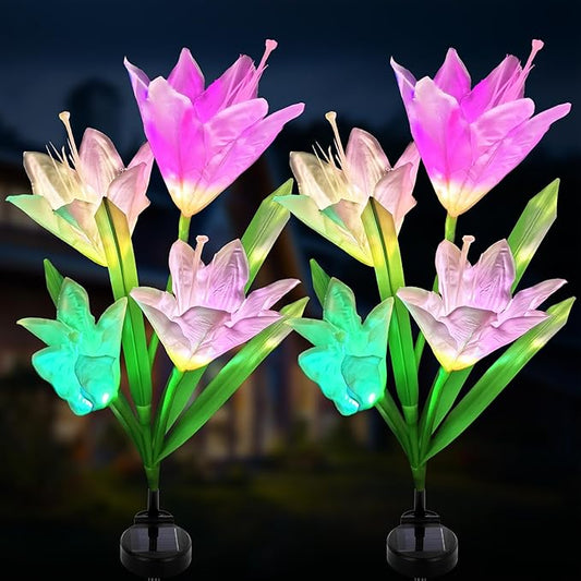 Solar Powered Lily Flower Lights Outdoor, Waterproof Color Changing Garden Lights with Large Solar Panel, 2 Pack for Patio, Yard, Pathway Decoration