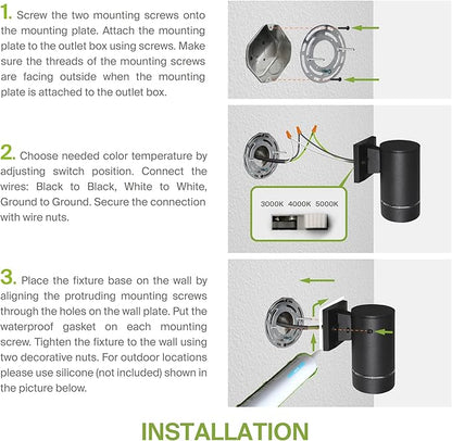 ASD 1 Light LED Indoor & Outdoor Wall Light Fixture | 9W 580LM 3000K-5000K 100-277V Cylinder Up Down Lights | Dimmable Exterior Wall Sconce | Front Door, Porch, Patio | Ringed Black, ETL 2 Pack