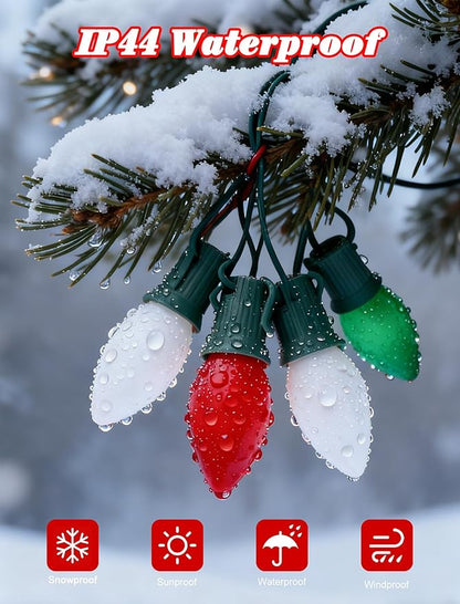 25Ft Red White and Green Christmas Lights,C9 Outdoor Christmas Lights with 26 Incandescent Bulbs(1 Spare),Extendable C9 String Lights Green Wire for Tree Xmas Roofline