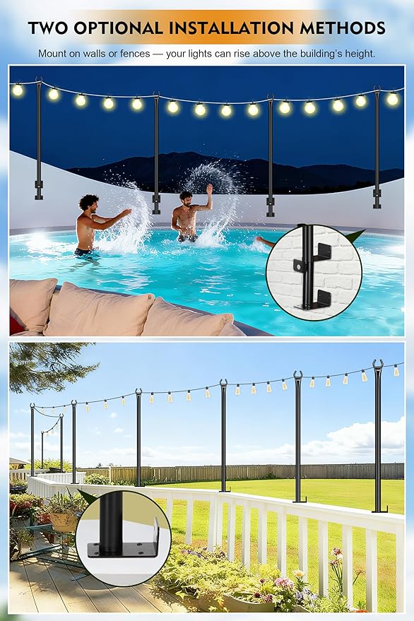 FEED GARDEN 5 Ft String Light Poles with Fence Brackets, Black Metal, 4 Pack, for Outdoor Deck Patio Backyard | Lumora