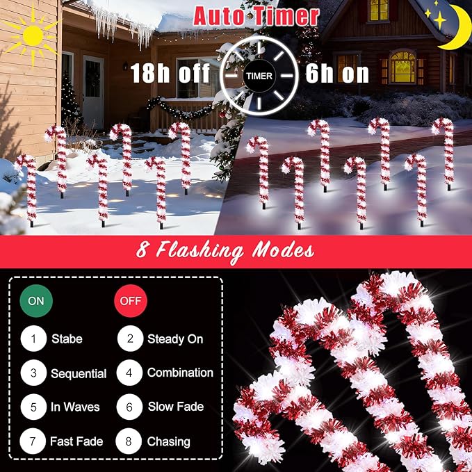 10 Pack Christmas Candy Cane Lights, 15 inch Tinsel Christmas Candy Cane Pathway Lights with 8 Modes & Timer for | Lumora