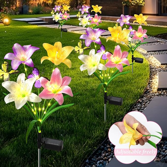 Alynsehom 2 Pack Solar Garden Lights, 29in Outdoor Waterproof Solar Flower Lights with 8 Lilies 4 Butterflies | Lumora