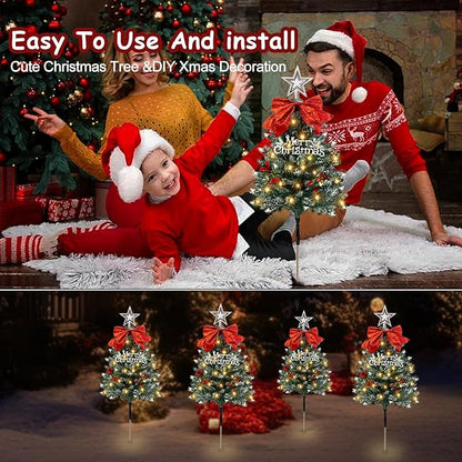 4 Pack Christmas Tree Solar Pathway Lights Outdoor Decorations, Waterproof Artificial Mini Xmas Tree Stake Lights with DIY Ornamets for Garden Yard Porch Decor (Snowy Tree)