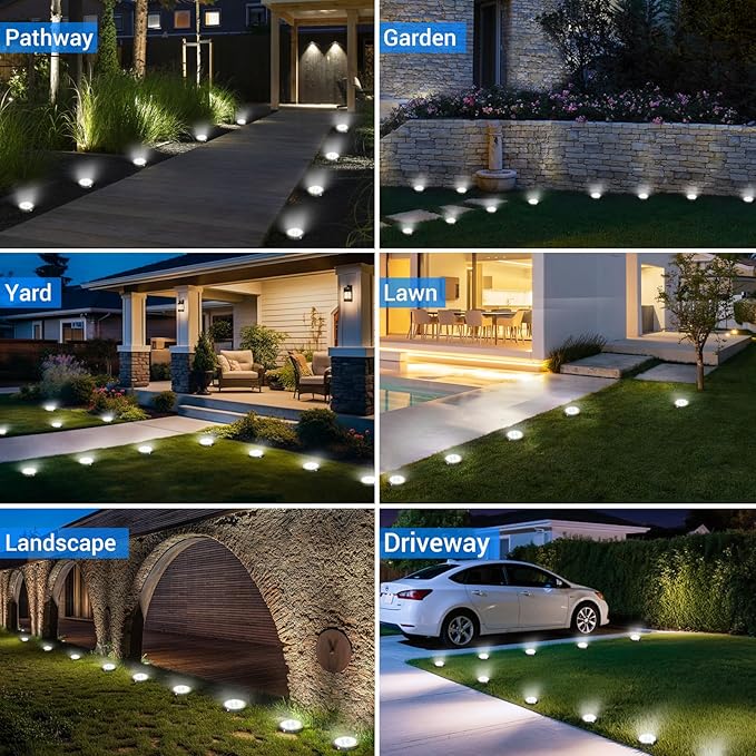 Peasur Solar Ground Lights Outdoor, 6 Pack Flat Solar Powered Disc Lights, IP68 Waterproof, Anti-Rust, Landscape | Lumora