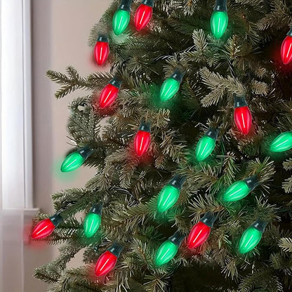 C7 LED Christmas Lights Outdoor, 25FT Clear Red and Green Christmas String Lights with 27 LED Energy-Efficient Bulbs, Hanging Vintage Christmas Decorations Lights for Holiday Party Patio Garden Yard