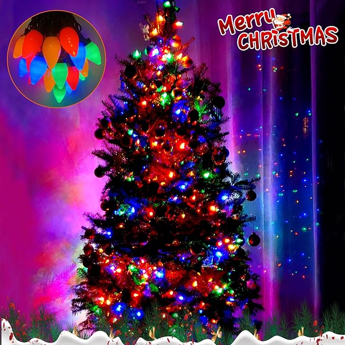 Christmas Lights Outdoor 25.5Ft, C7 LED Christmas Light with 50 Shatterproof Multicolor Bulb Lights, Plug in Vintage Xmas Light for Tree Patio Camping Garden Wedding Xmas Decor