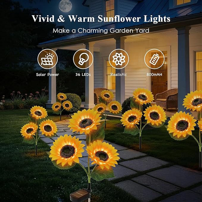 Solar Sunflower Lights Outdoor, 2 Pack Waterproof Artificial Flowers for Grave Decorations - Solar Powered Grave | Lumora