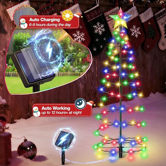 24" Spiral Solar Christmas Tree Outdoor Decorations 2 Pack - Upgrade 80 LEDs Multicolor Solar Christmas Lights with 8 Lighting Modes, Waterproof Pre-lit Xmas Tree for Pathway Garden Patio Yard