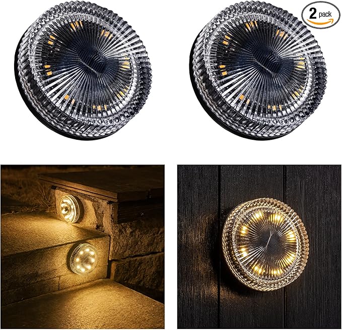 Glass Solar Deck Lights with Ray Style, Modular-Design Waterproof Outdoor Fence Lights for Stairs Step Yard Patio Garden Wall Pathway, Decorative Patio Table Lighting, Warm White (2 Pack)