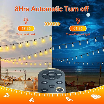 Stright 55FT Solar String Lights Outside Waterproof Remote Control with USB Charging Port Dimmable E12 S14 Bulbs, 55 Feet 15 Lamp Outdoor Solar Power LED Bulbs for Patio Garden Market Bistro Backyard