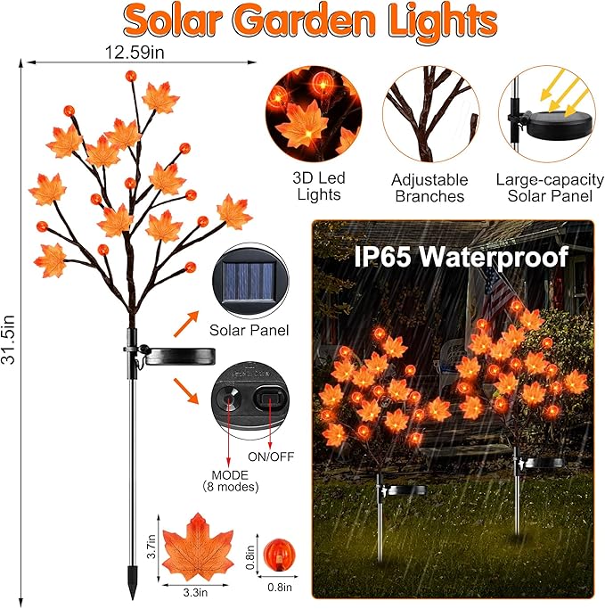 2 Pack Thanksgiving Decorations Lights Fall Decor Solar Lights Outdoor with 3D Maple Pumpkin, 8 Modes Fall Thanksgiving Lights Outdoor Solar Lights Waterproof for Yard Decor