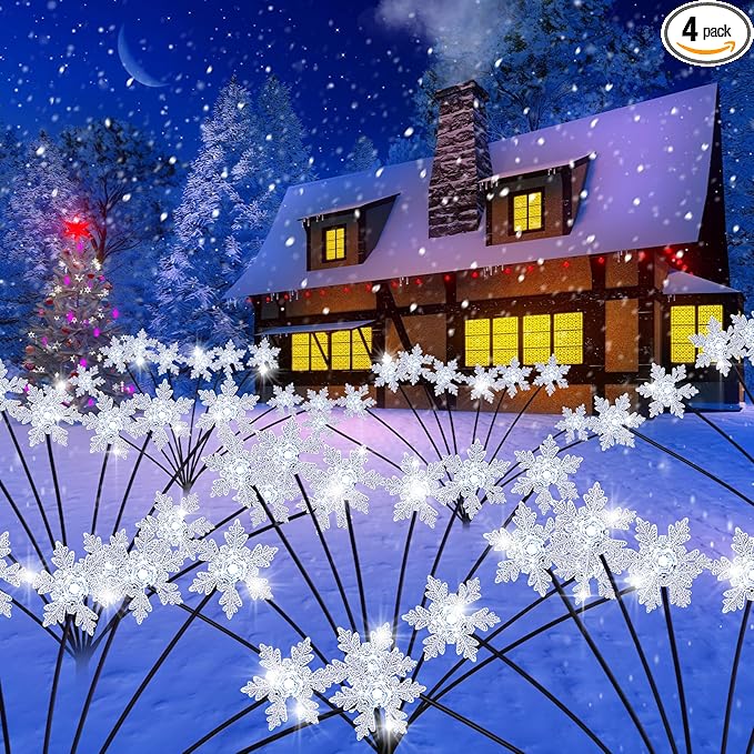 4 Pack Christmas Solar Snowflake Lights Winter Outdoor Decoration 40 LED with 2 Modes Solar Lights Xmas Decorations Outdoor for Garden Yard Pathway Walkway