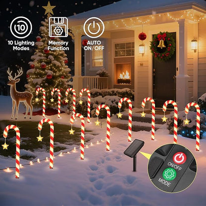 Solar Christmas Lights Outdoor Waterproof: 24-Pack Solar Candy Cane Christmas Decorations Outdoor Pathway Lights with Stakes 10 Modes, 144 LED Xmas Decorations for Yard Garden Holiday Decor