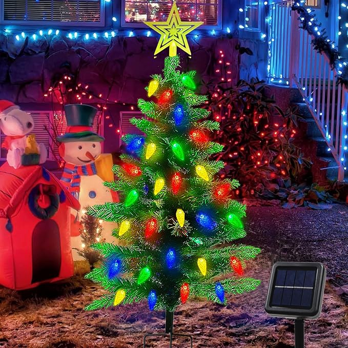 4FT Solar Christmas Tree Christmas Decorations Outdoor, 250 Branch Small Xmas Tree with 100 LED C6 Lights, Waterproof Solar Christmas Lights for Porch, Pathway, Yard, Cemetery, 1 Pack