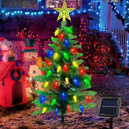 4FT Solar Christmas Tree Christmas Decorations Outdoor, 250 Branch Small Xmas Tree with 100 LED C6 Lights, Waterproof Solar Christmas Lights for Porch, Pathway, Yard, Cemetery, 1 Pack