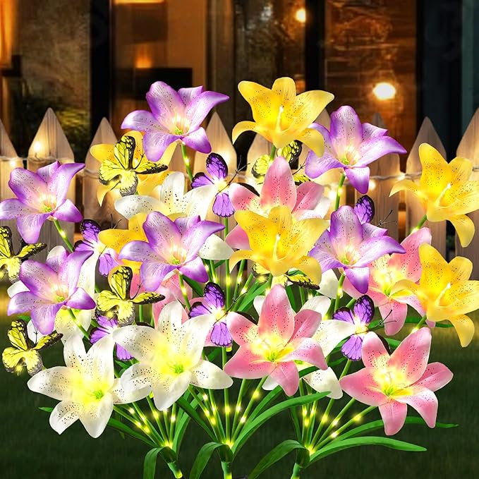 Alynsehom 2 Pack Solar Garden Lights, 29in Outdoor Waterproof Solar Flower Lights with 8 Lilies 4 Butterflies | Lumora