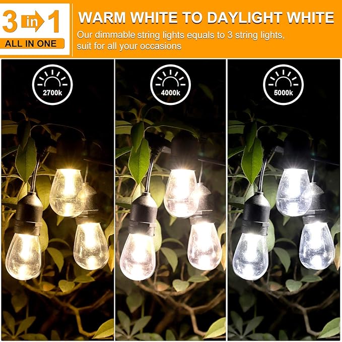 Mlambert Plug in 3 Color Outdoor LED Dimmable String Lights Bundle with 6 Pack Replacement Bulbs | Lumora