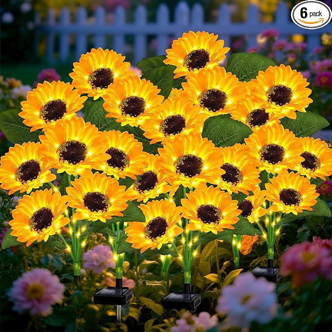 Solar Sunflower Lights Outdoor Garden Decor, 6 Pack Solar Flowers Lights with 36 Sunflowers, Waterproof Decorative | Lumora