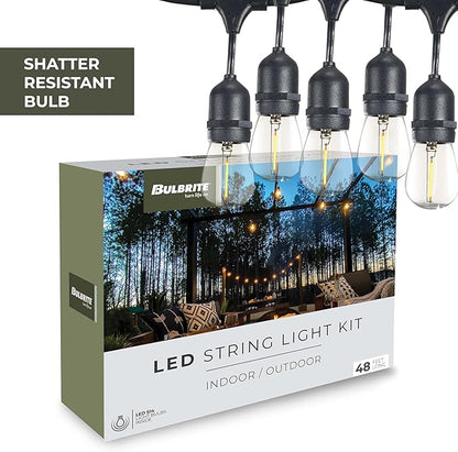 Bulbrite 48-Foot String Light Kit with Clear Shatter Resistant Vintage Style S14 LED Light Bulbs