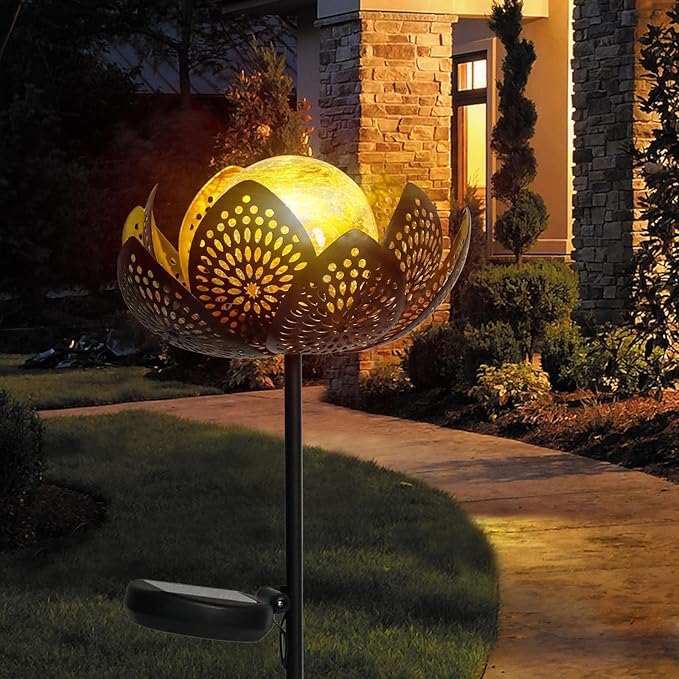 Afirst Solar Lights Outdoor, Garden Lotus Stake Lights Waterproof Decorative Pathway Light Metal Crackle Glass Solar Light Landscape for Garden,Patio,Lawn,Walkway,Tabletop,Pathway,Yard Decor, Golden