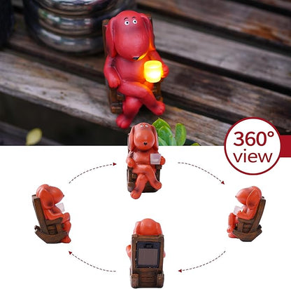 Dog Solar Statue Drinking Coffee Statue Decoration with Solar Light Figurine Ornament for Indoor Outdoor Home Patio Yard Lawn