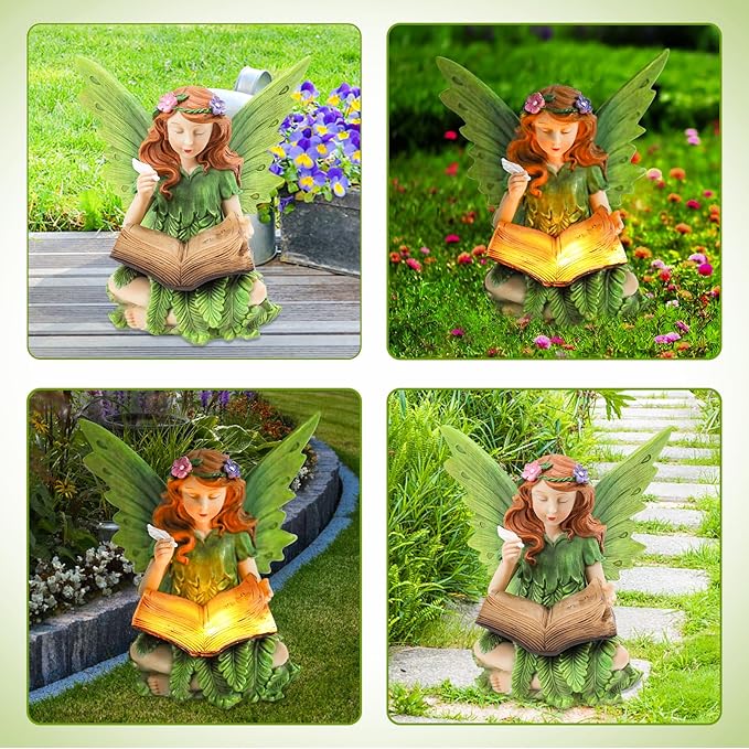 Afirst Solar Garden Fairy Statue, Green Fairy Solar Light Outdoor Resin Statues Figurine Light, Angel Reading Book | Lumora
