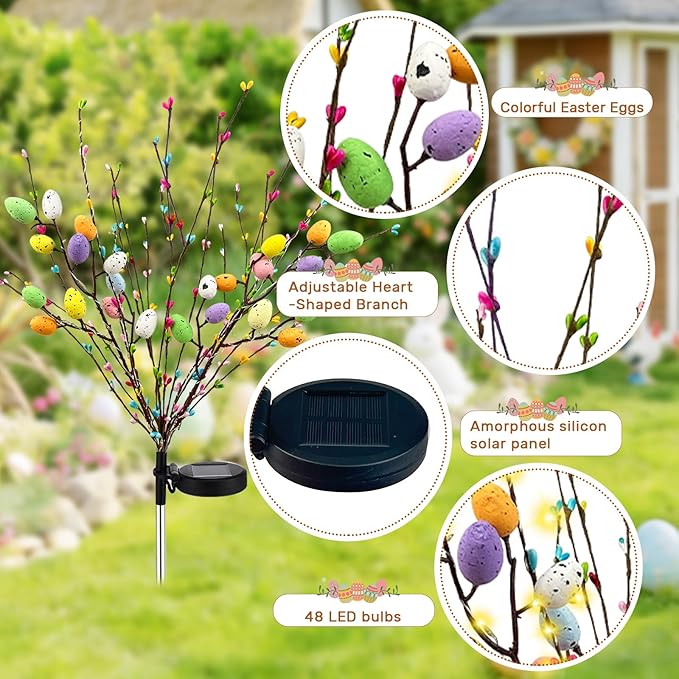 2 Pack Solar Easter Egg Lights Outdoor, 96 LED Waterproof Solar Easter Yard Decorations Outdoor Easters Yard Stakes Lights with 2 Lighting Modes for Outside Lawn Walkway Patio Cemetery Grave