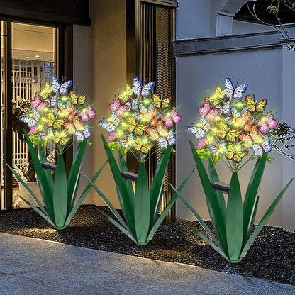 Homight Solar Metal Agave Butterfly Flower Stick Garden Sculpture - Outdoor Christmas Lights With Swaying Butterfly Sunflower - Solar Outdoor Gift (3 PCS Green)