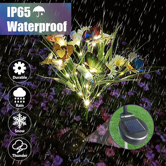 AVEKI Solar Garden Lights, 2 Pack 84LED 14 Butterfly 28 Daisy Flower Solar Powered Lights IP65 Waterproof Stake Lights Outdoor Landscape Lights for Yard Patio Lawn Gift for Women (White-1)