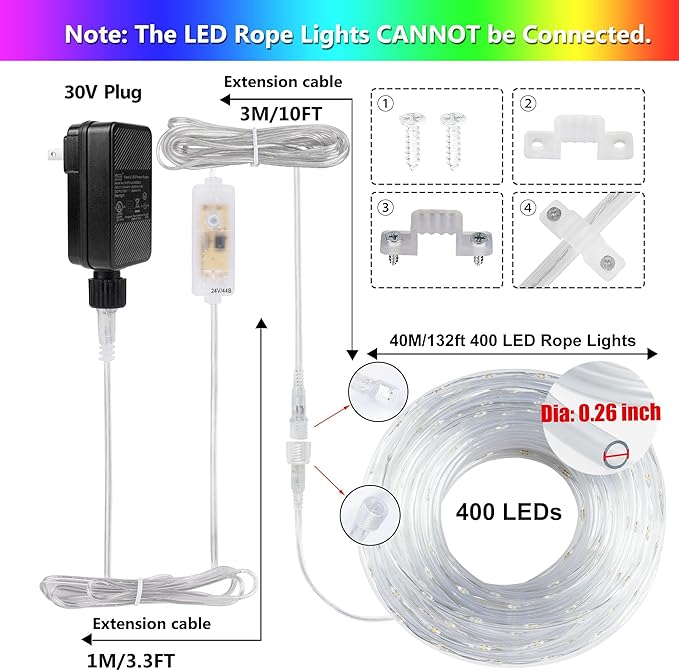 132ft LED Rope Lights Outdoor String Lights Plug in, 400 LED Warm White & Color Changing Waterproof Christmas | Lumora