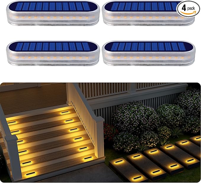 Solar Step Lights Outdoor Waterproof LED, 4 Pack Warm White Flat Solar Powered Deck Lights for Outside, Stick on | Lumora