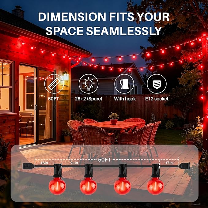 50 FT Red Outdoor String Lights G40 Globe Shatterproof Patio Lights,26 Plastic Edison Bulbs(2 Spare) IP65 Waterproof Dimmable LED Bulbs for Backyard Porch Balcony Party Decor, E12 Base,