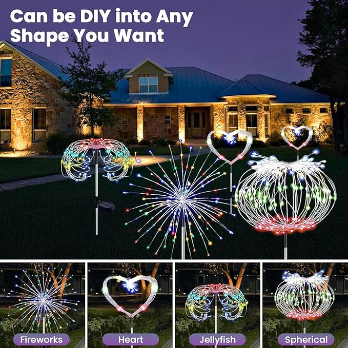 2 Pack Solar Firework Lights, 200 LED Outdoor Waterproof Garden Lights with 8 Flashing Lighting Modes, Bendable DIY | Lumora