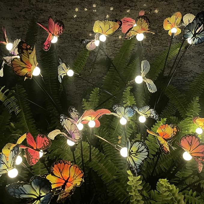 Solar Garden Lights Outdoor Waterproof 4 Pack Solar Power Firefly Butterfly Lights Swaying in The Wind 8 Modes 32LED Realistic Butterflies Gifts for Mom Grandma Yard Patio Pathway Decorations, Warm