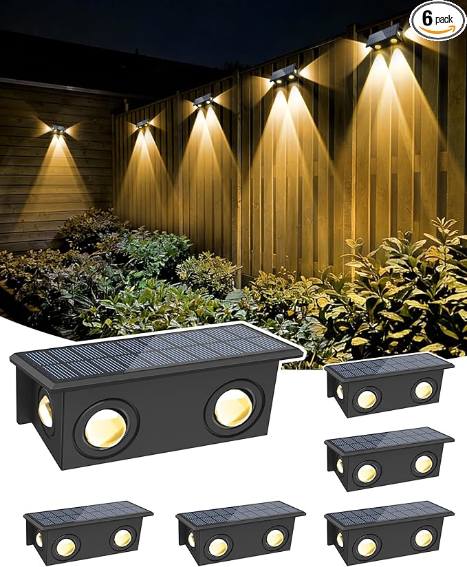 T-SUN Solar Fence Lights Waterproof, LED Wall Lights Outdoor with 2 Bright Modes Warm White Solar Powered, Fence Light for Backyard Railing Patio Porch Pool (6 Pack, Warm White)