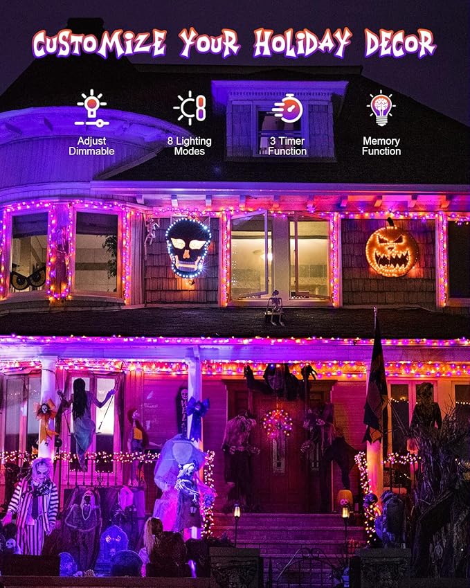 125 FT 380 LED Halloween String Lights, Outdoor Waterproof Black Wire with 8 Modes, Timer & Memory, Plug-in | Lumora