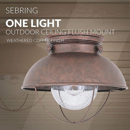 Sea Gull Lighting 8869-44 Sebring One-Light Outdoor Flush Mount Ceiling Light with Clear Seeded Glass Diffuser, Weathered Copper Finish