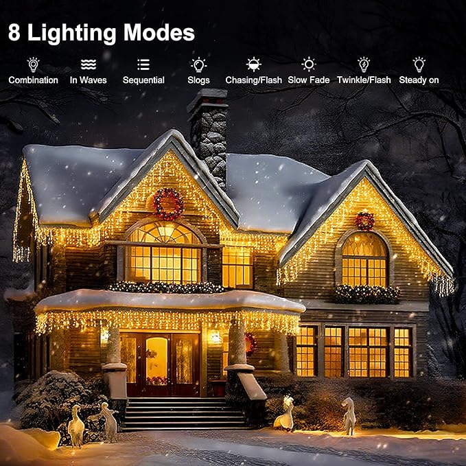 LED Icicle Lights for Outdoor Christmas Decorations,78.7Ft 800 LEDs Christmas Fairy Light with Timer&Memory Function,8 Lighting Modes,Plug in hanging Curtain Lights for Xmas Party Wedding(Warm White)