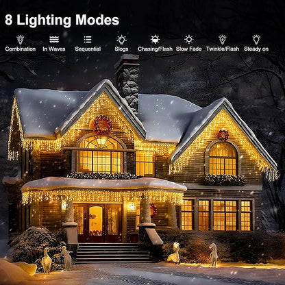 LED Icicle Lights for Outdoor Christmas Decorations,78.7Ft 800 LEDs Christmas Fairy Light with Timer&Memory Function,8 Lighting Modes,Plug in hanging Curtain Lights for Xmas Party Wedding(Warm White)