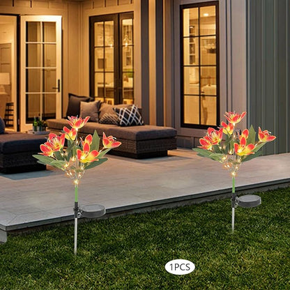 7-Head Solar Swaying Orchid Light, Orange Outdoor Solar Garden Light with 42 Warm LEDs, IP44 Waterproof, 8-10H Auto Lighting, No Wiring Needed for Yard Pathway Patio Decoration