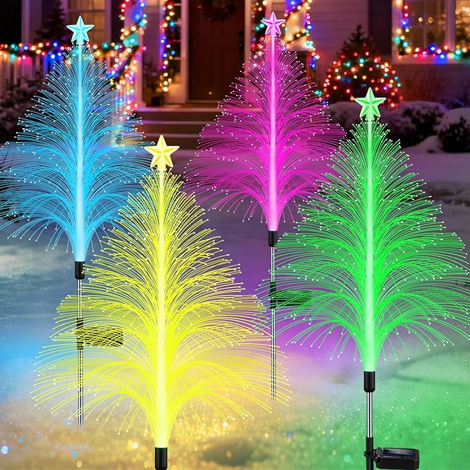 Solar Christmas Decorations Outdoor, 4 Pack 38.5 Inch 7 Color Changing Jellyfish Light with 5 Layer Optical Fiber, Solar Star Flower Light for Yard Garden Pathway Xmas Tree Ourside Decor