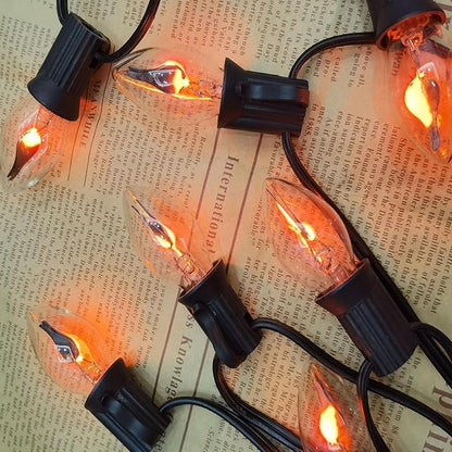 C7 Christmas Flicker Flame String Lights, 25Ft C7 Outdoor Christmas Decorations String Lights with C7 Clear Flicker Flame Bulbs, Hanging Patio Lights for Christmas Halloween Party Garden Porch-Black