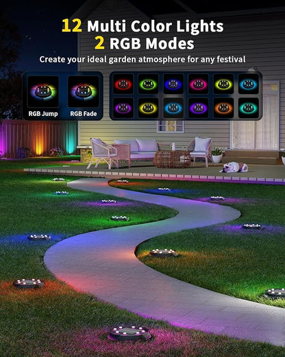Solar Ground Lights with Remote Control 50ft,IP67 Waterproof Solar Garden 15 Multi Color Lights,RGBYW Solar Powered Outdoor Landscape Lighting for Pathway,Yard,Deck,Lawn,Patio,Walkway,Poolside,8 Pack