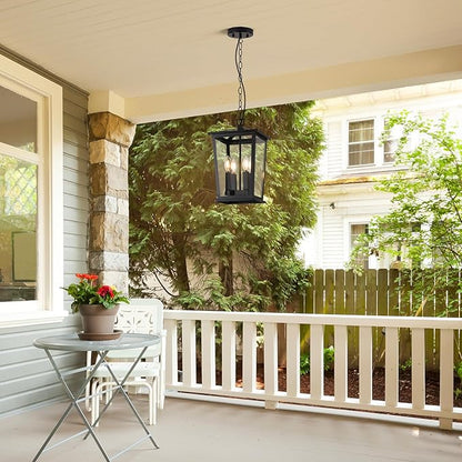 Outdoor Pendant Lights for Porch, 16" 4-Light Large Outdoor Chandelier with Clear Glass, Black Modern Exterior Hanging Porch Light with Long Chain for Gazebo Foyer, OS-OD2601-4HL