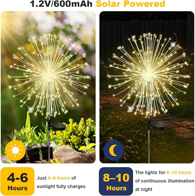 ALSO GO Solar Garden Lights Outdoor Waterproof, 2 Pack 240 LED Solar Firework Lights, Decorative Garden Décor Outside for Flowerbed Pathway Party Christmas Decoration, Warm White